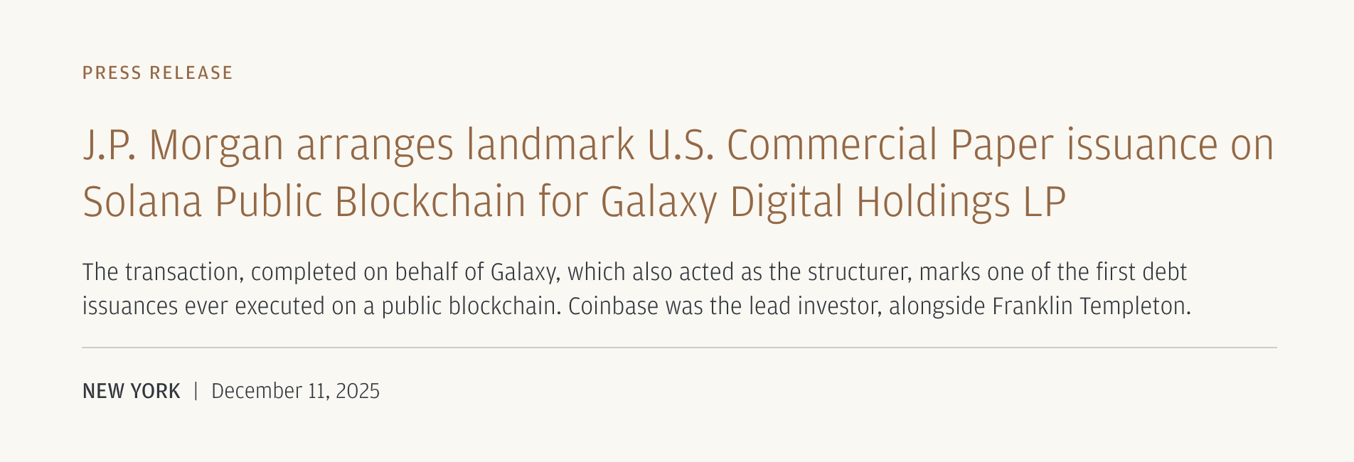 J.P. Morgan Executes Landmark Debt Issuance on Solana Blockchain, Settled in USDC image 0