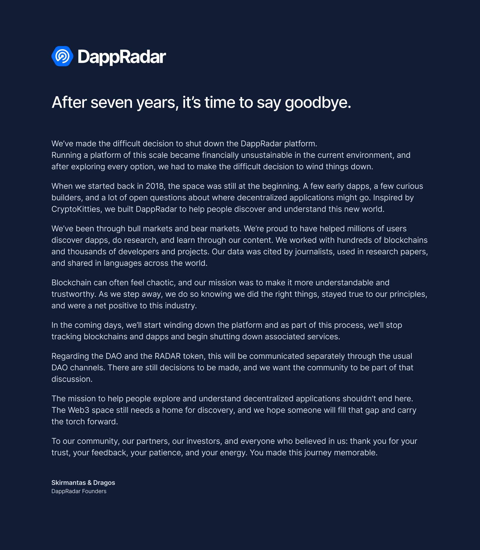 DappRadar Shuts Down After 7 Years, Raising Questions About Crypto Analytics Sustainability image 1